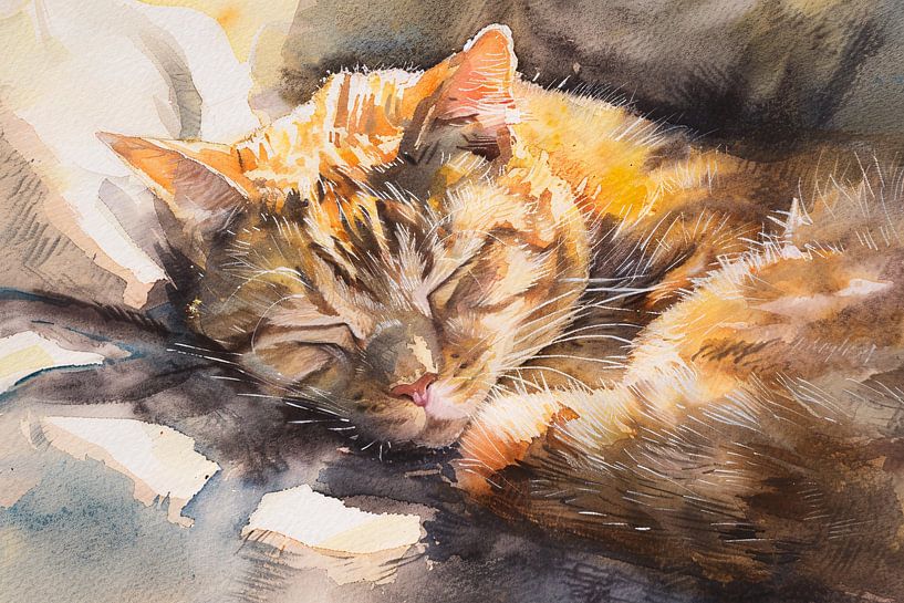 Watercolour of sleeping cat on pillow by Imperial Art House