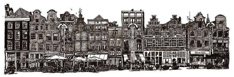 Dessin Amsterdam Centre Nieuwmarkt Dessin au trait sépia par Hendrik-Jan Kornelis
