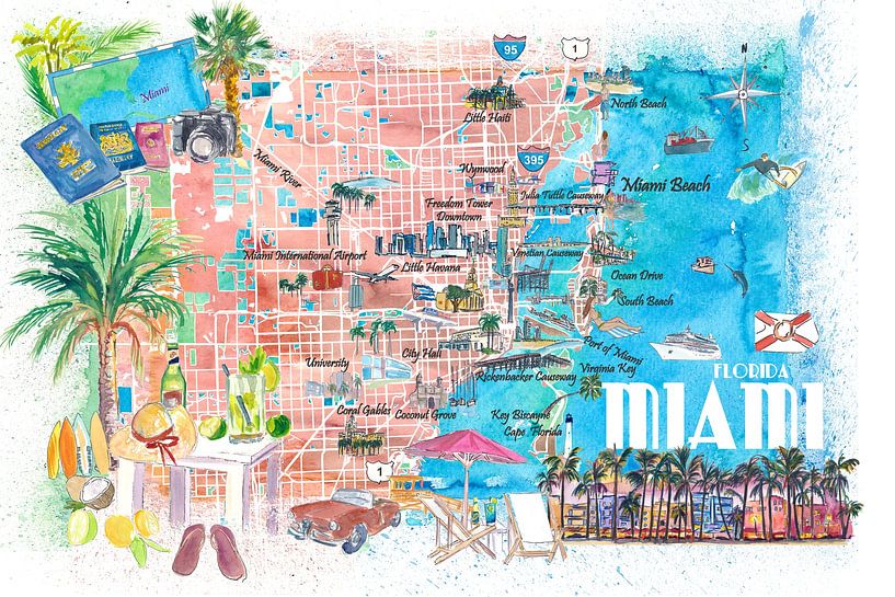 Miami Florida Illustrierte Reisekarte mit Straßen und Highlights von Markus Bleichner