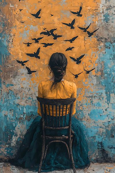 junge Frau umgeben von Vögeln von PixelPrestige