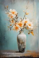 Dry bouquet paint pastel blue vase cream orange flowers.