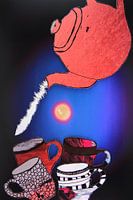 Theepot met mokken bij volle maan