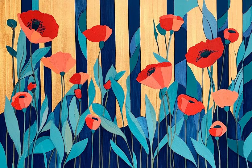Colourful poppy blossoms against a striped background by Poster Art Shop