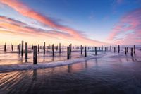 Serene zonsondergang boven houten palen op het strand van Petten, Nederland