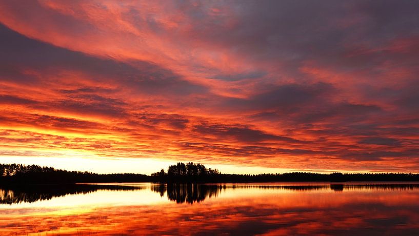 Sonnenaufgang mit einem feurigen Himmel, der sich im See Ösjön spiegelt. von Aagje de Jong