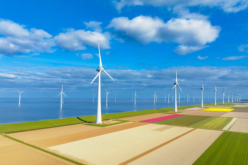 Wind turbines on a levee and offshore during springtime seen fro by Sjoerd van der Wal Photography