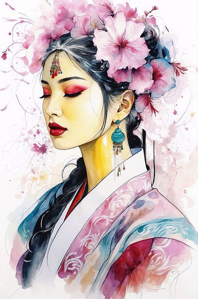 A graceful East Asian woman in traditional imperial attire. by Ljupka Kareska