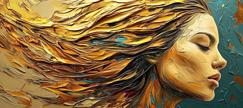 Abstrakte Malerei in Gold: Frau mit unendlichem Wohlstand von Surreal Media