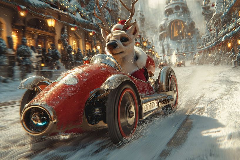 Weihnachtsrennen: Ein Rentier jagt durch den Schnee von artefacti