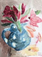 Blauer Krug mit Tulpen