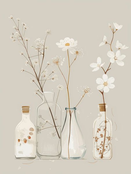 Illustration in Japandi style, still life of white flowers by Japandi Art Studio