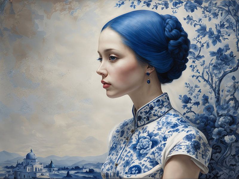 Porträt einer Frau in Delfter Blau von Jolique Arte