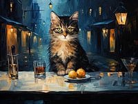 Chat et café la nuit, inspiré de Van Gogh
