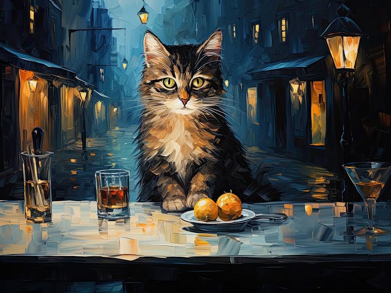 Chat et café la nuit, inspiré de Van Gogh par Erika Kaisersot