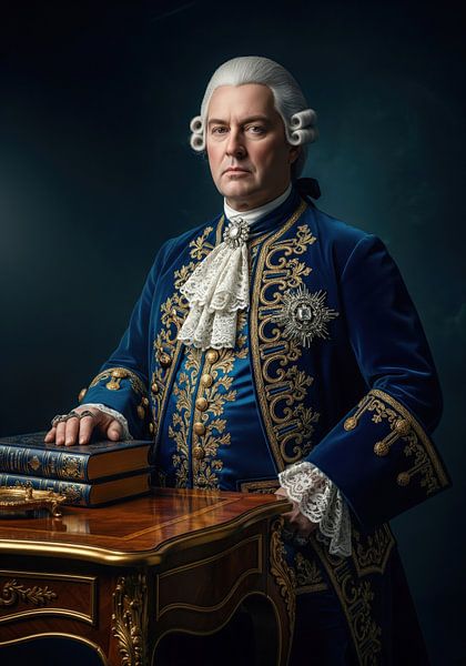 Man in Blue Period Costume Beside Desk with Books by Markus Gann