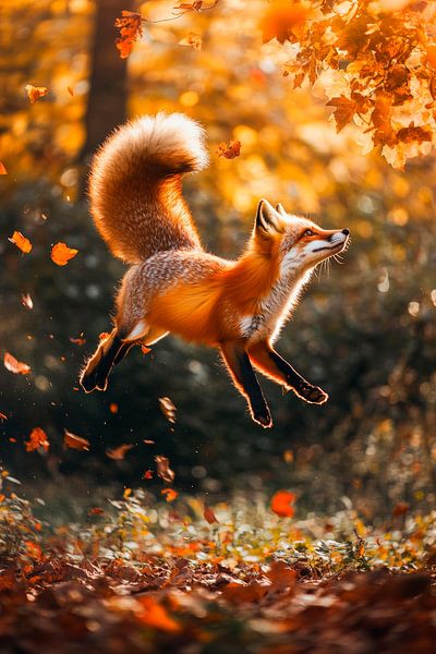 Le renard bondit à travers les feuilles d'automne par Poster Art Shop