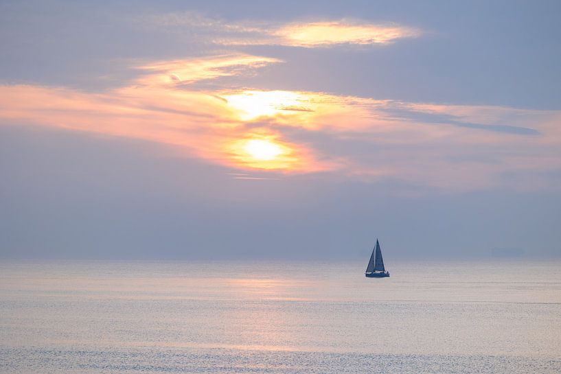 sailboat at sea with pastel colours at sunset by Ria van den Broeke