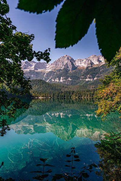 Lac de montagne d'un vert éclatant, formations rocheuses et feuillage par Dafne Vos