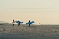 Les surfeurs marchent avec leur planche vers la mer