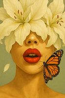 Frau mit Blumen, roten Lippen und Schmetterling - sinnliche Kunst