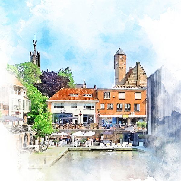 Aquarellbild der gemütlichen Umgebung des alten Hafens der historischen Stadt Hulst, Zeeland Flandern von Danny de Klerk