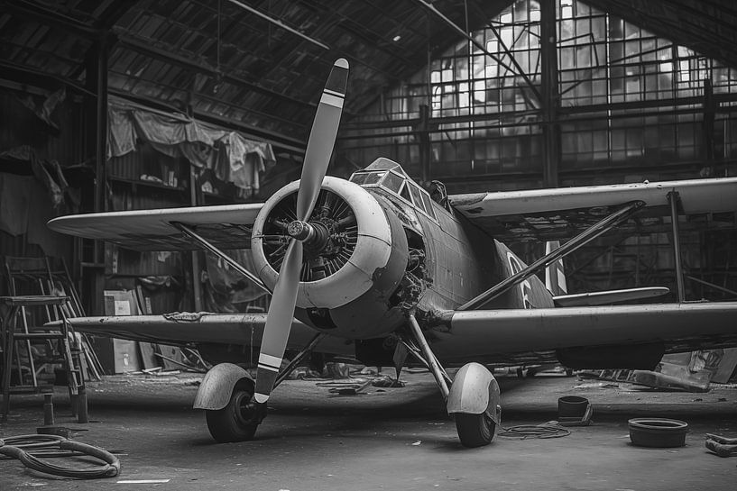 Vintage propeller plane in an old, dilapidated hangar, black and white photograph by Animaflora PicsStock