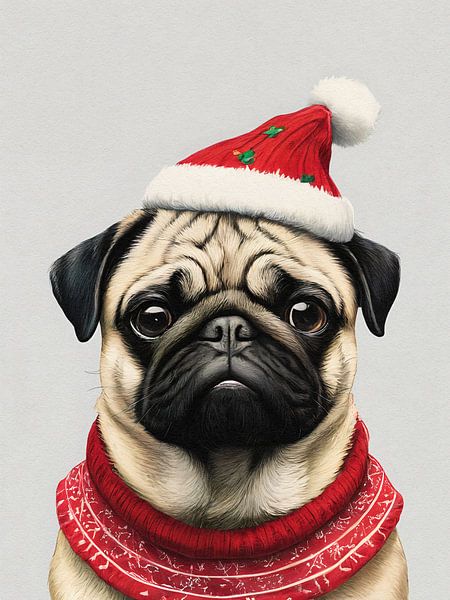 Pug with Santa hat by Hilde Remerie Photography and digital art