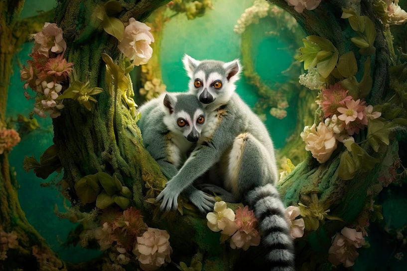 Ring-tailed Lemurs in a Flower Forest – Dreamy Nature Art by Joriali photography and paintings