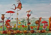 DER KLEINE MANN GEHT MIT SEINEN MIETERN SPAZIEREN.