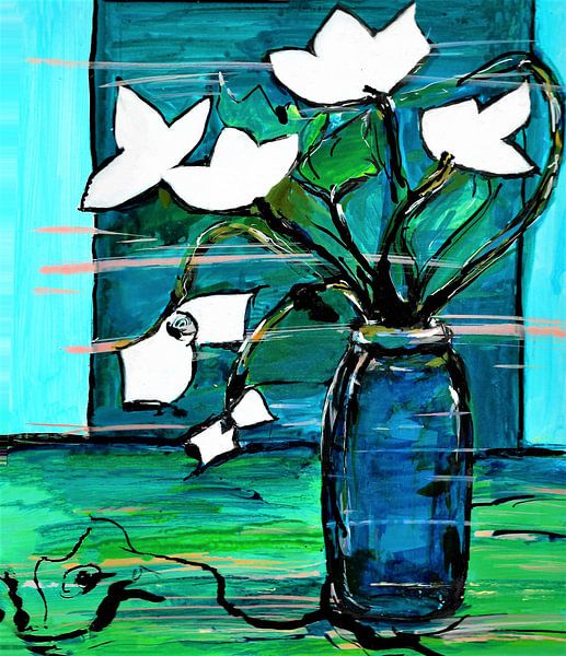 Blue vase with white flowers . Watercolour hand-painted by Ineke de Rijk