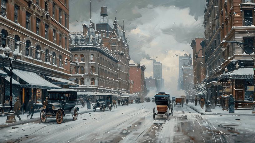Painting of snowy street in New York city in early 20th century (KI) by Classic PrintArt