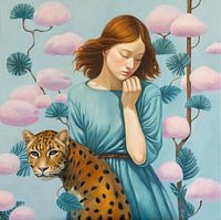Girl with leopard and fluffy marshmallow clouds