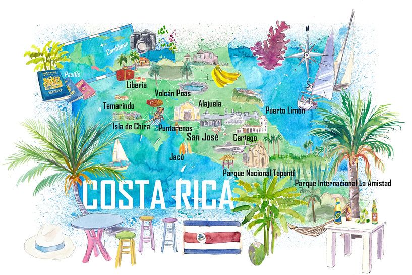 Costa Rica Illustrated Travel Map with Roads and Highlights by Markus Bleichner