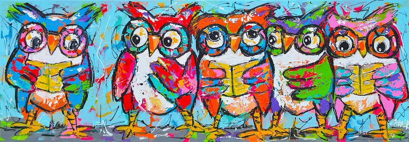 Farbenfrohe Eulen | Panorama von Vrolijk Schilderij