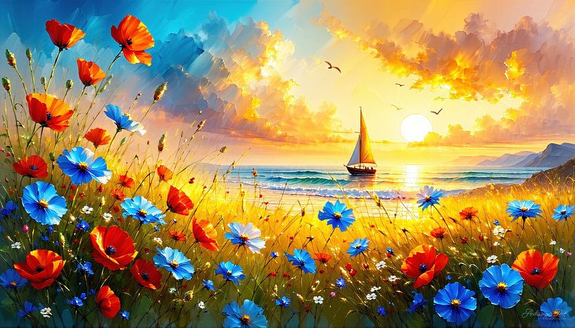 Sailboat in the sunset on a summer evening - A poetic journey between the sea of flowers and the vastness of the horizon by AidasignArt