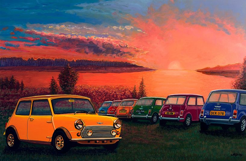 Mini Coopers bei Sonnenuntergang Malerei von Paul Meijering