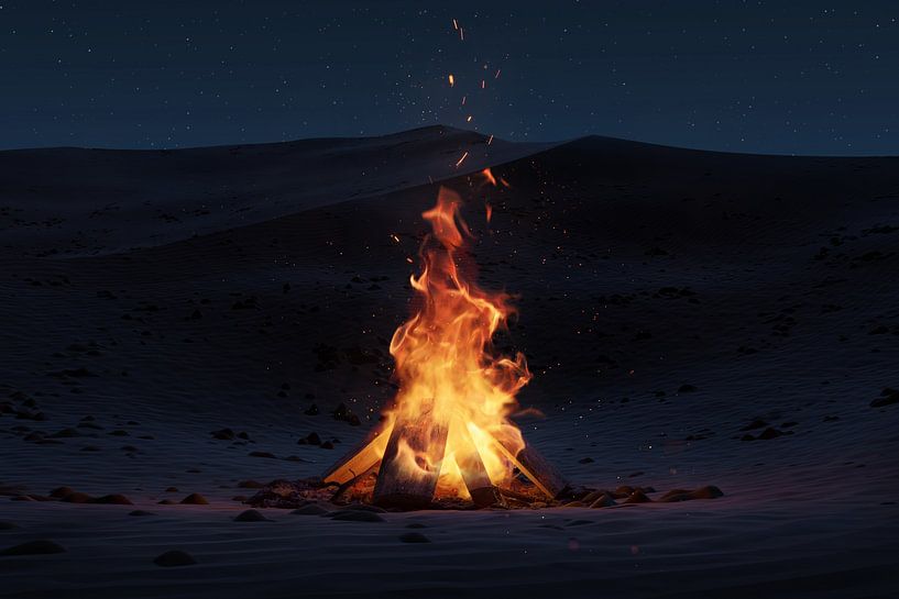 Nächtliches Lagerfeuer mit Funken und Partikeln in der Wüste von Besa Art