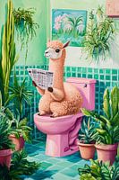 Llama relaxing in the colourful bathroom