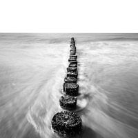 Schwarz-Weiß-Aufnahme von Pfosten mit der Bewegung von Wasser