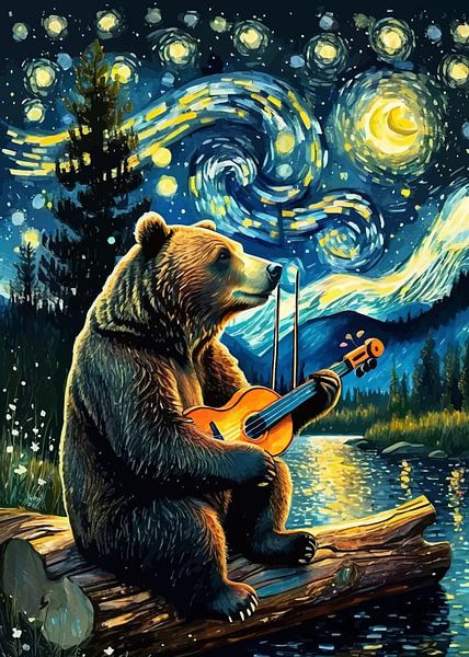 Bear playing ukulele under starry night by MIROKKU