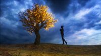 a woman stands in front of an autumn tree (3d rendering)