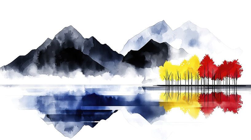 Autumn trees in the lake with mountain backdrop by Frank Heinz