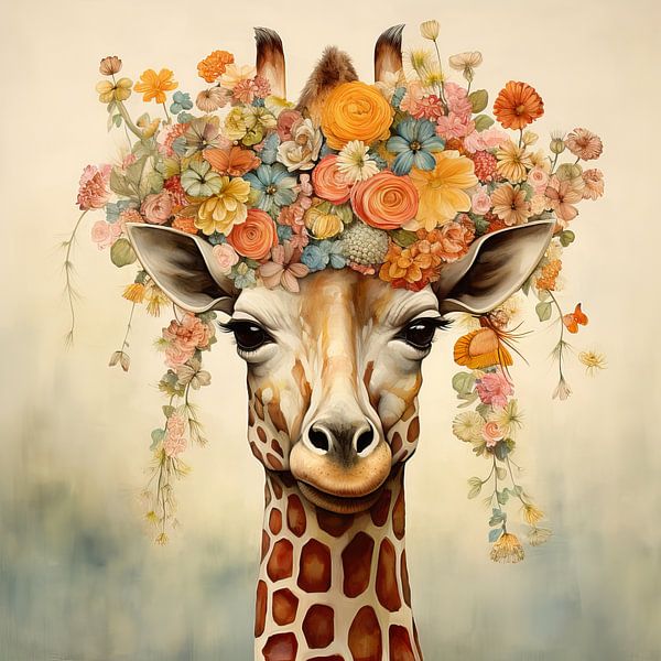 Malerei Giraffe Blumen von Abstraktes Gemälde