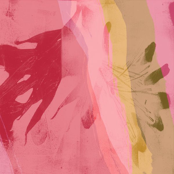 Kleurrijk minimalistisch abstract schilderij in pin, rood, geel, mosterd van Abstract Minimalist Art