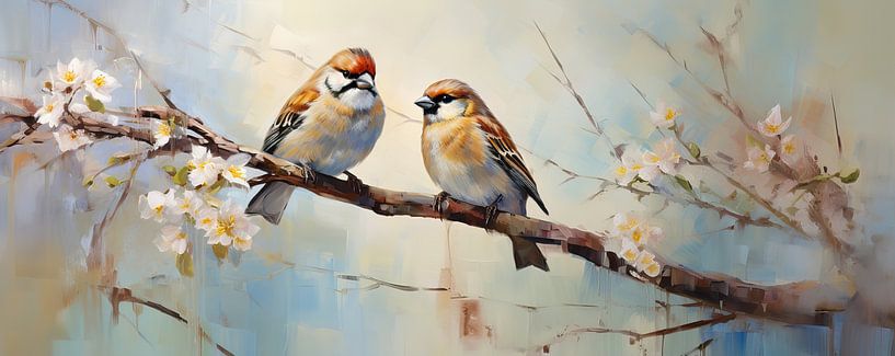Spatzen Frühlingsblüte von Blickfänger Gemälde