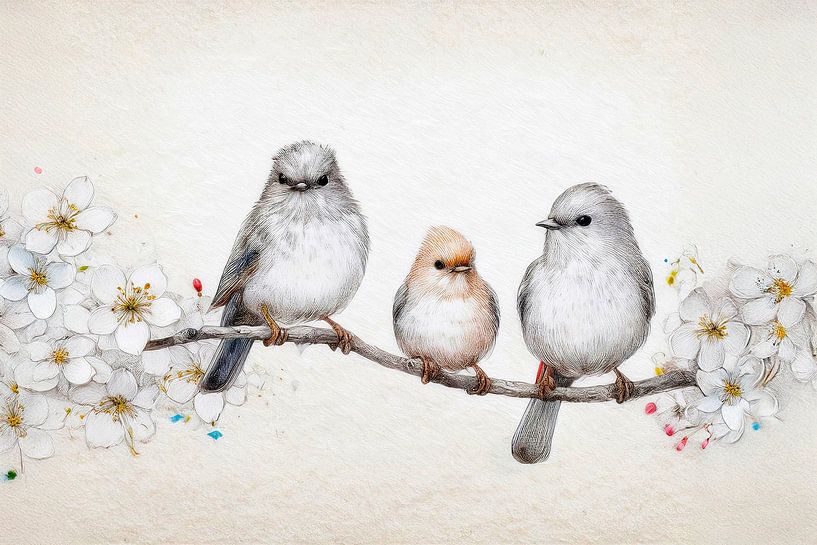 Illustration Gemälde. Drei niedliche kleine Vögel auf einem Zweig mit Kirschblüte von Studio Pieternel