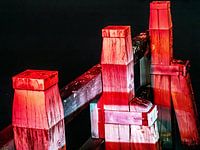 red-lit dolphins, wooden fencing at bridge 'at night