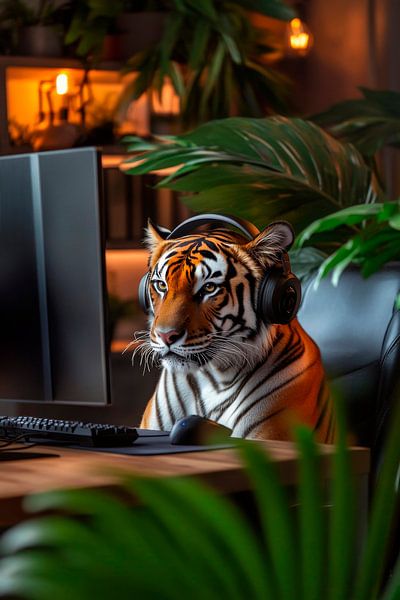 Tijger achter de computer in de woonkamer van Poster Art Shop
