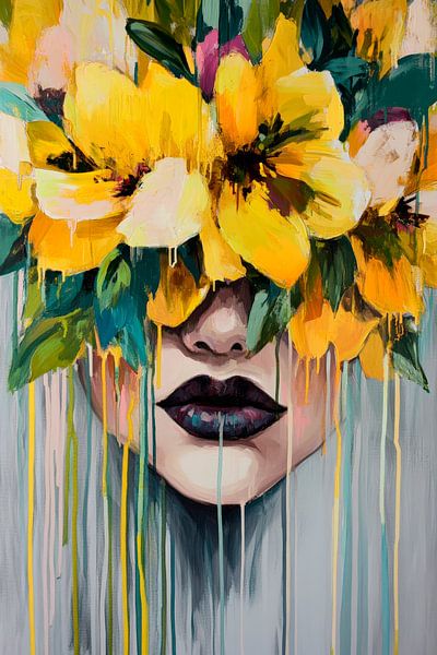 Blütenzauber: Gesicht hinter Farbenstützen von Poster Art Shop