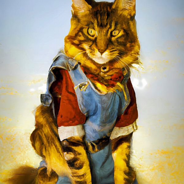 Porträt einer etwas verstört wirkenden Katze in Latzhose und Hemd von Maud De Vries